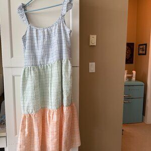 Tiered Gauze Maxi Dress in Blue, Green & Peach